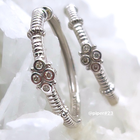 Judith Ripka JR TWO Sterling Silver 18K Gold Diamond Floral Hoop Earrings - Picture 4 of 10